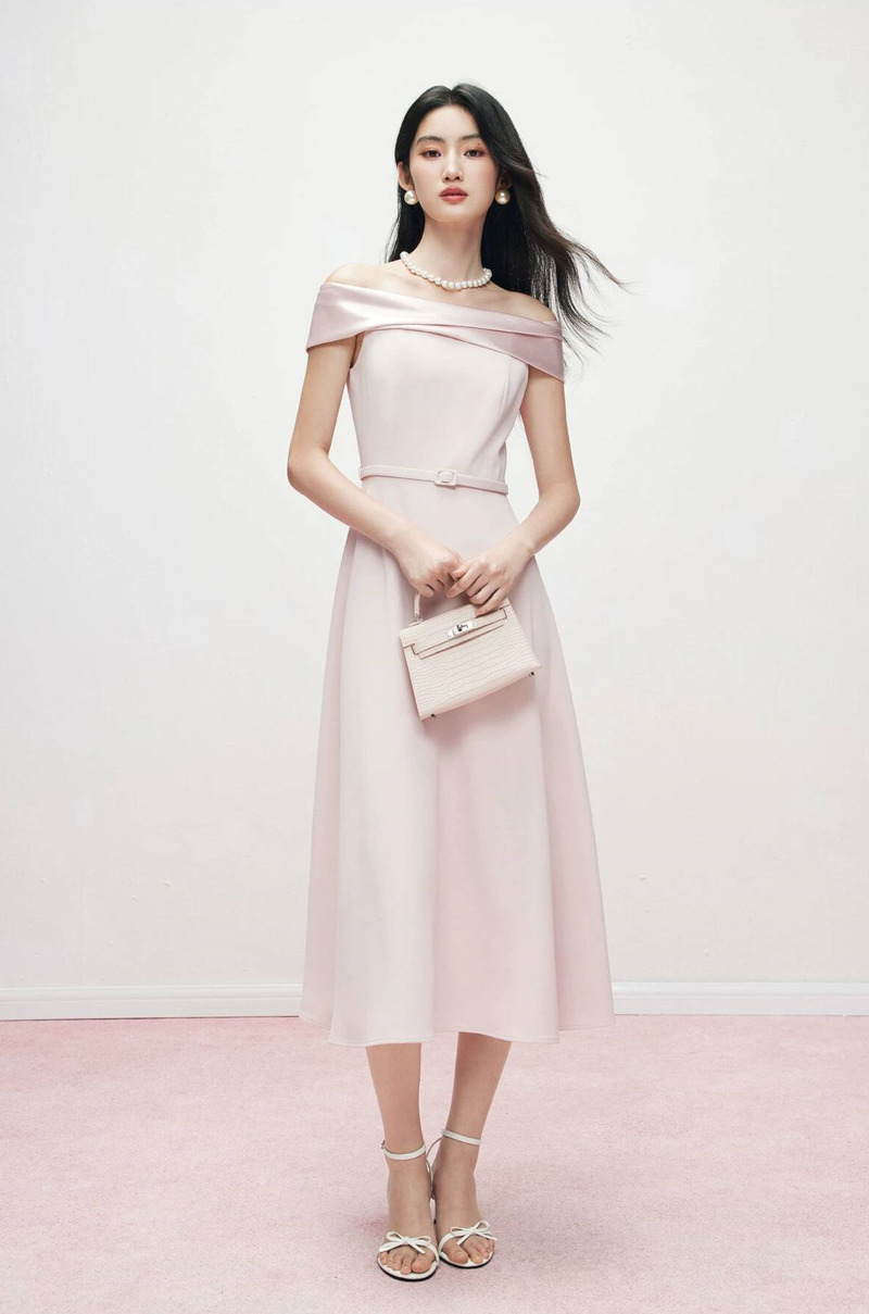 Party Games Offline - Women Pink Satin Off Shoulder Midi